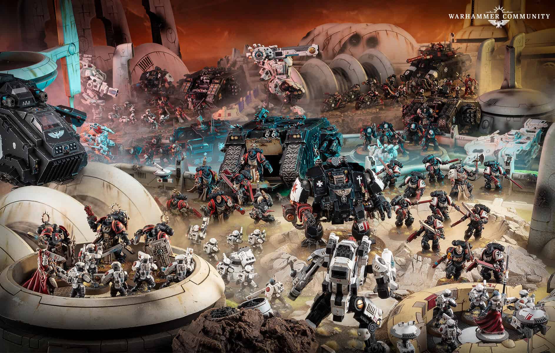 Black Templars Crusader Squad miniatures fighting across battlefield terrain
