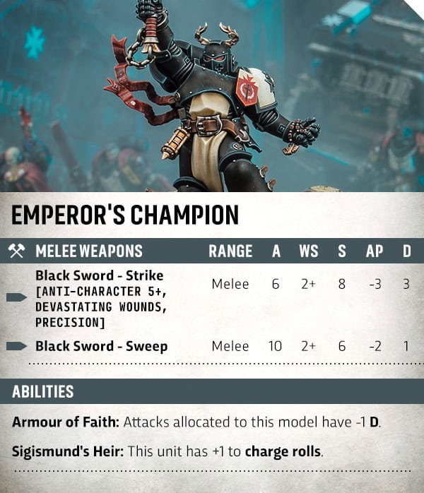 Emperor's Champion datasheet rules card showing the Sigismund's Heir ability