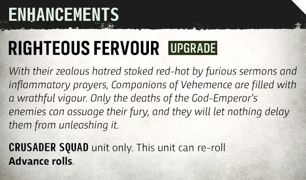 Righteous Fervour rules card from the Fist of the God-Emperor detachment