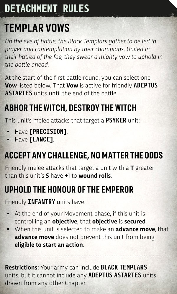 Templar Vows rules card from the Vow-sworn Crusaders detachment