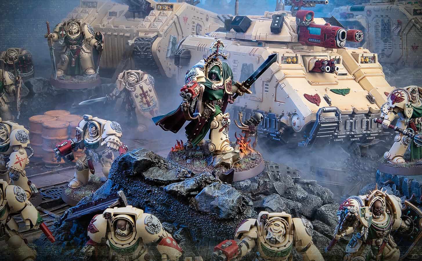 Blood Angels and Dark Angels Space Marines shown together in artwork for the detachment reveal