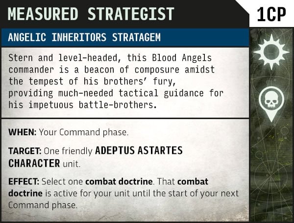 Rules card for the Measured Strategist stratagem, letting a unit use a Combat Doctrine of its choice