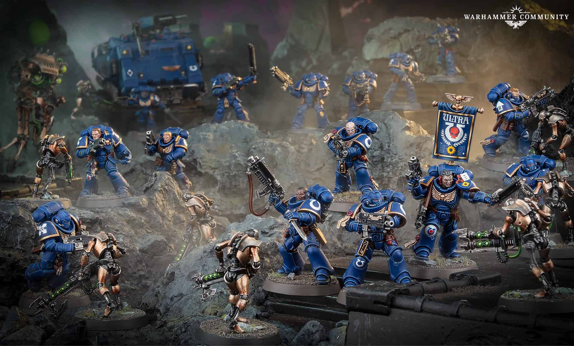 Ultramarines Space Marines advancing through ruined terrain toward an objective