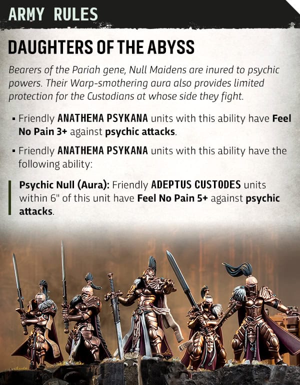 Daughters of the Abyss Sisters of Silence rule card from the Adeptus Custodes codex
