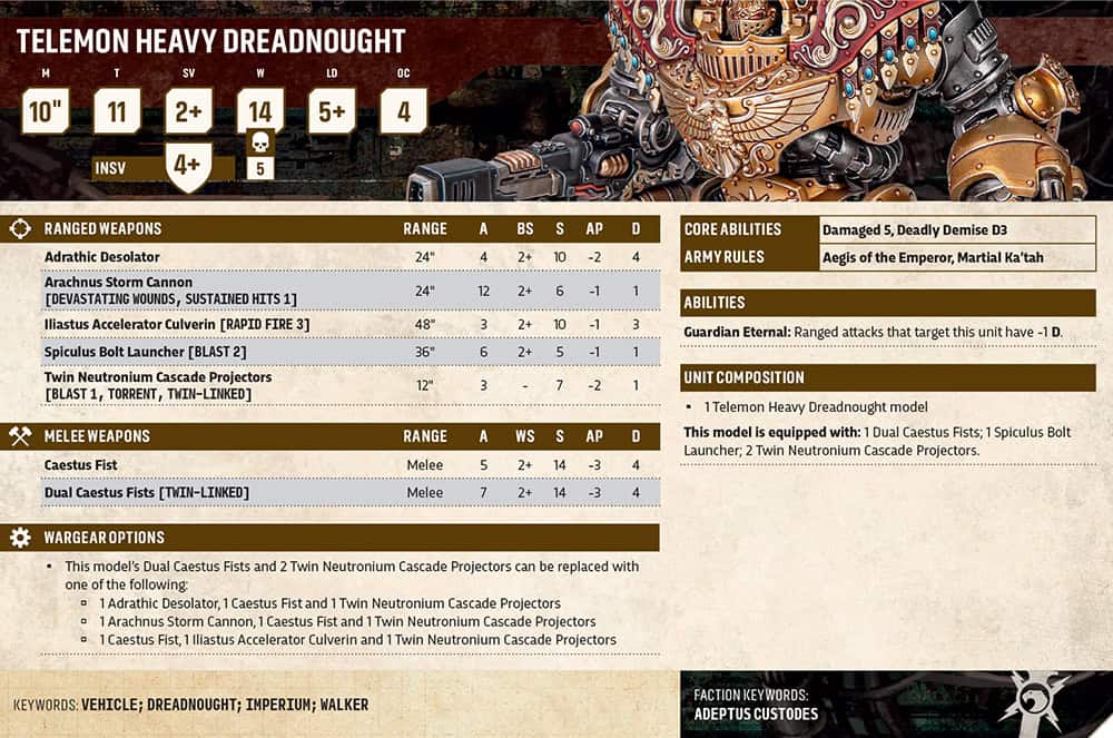 Telemon Heavy Dreadnought datasheet card from the new Codex: Adeptus Custodes