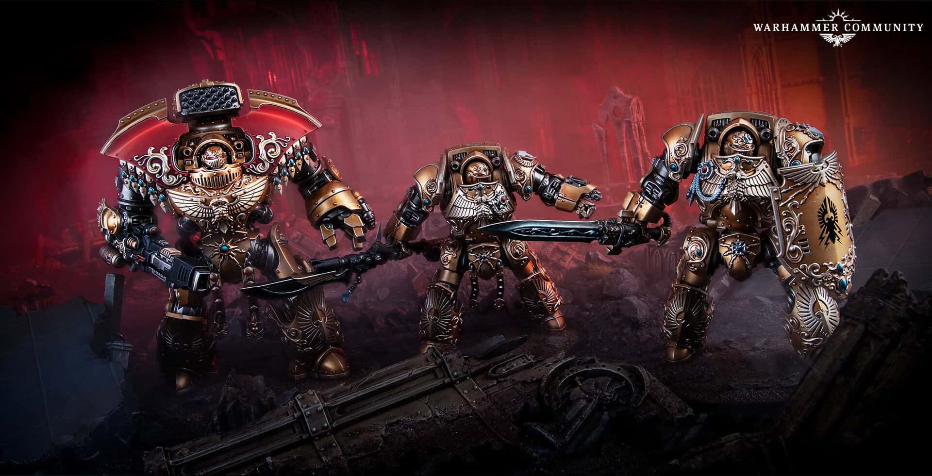 Telemon Heavy Dreadnought miniature with caestus fists striding through battlefield terrain