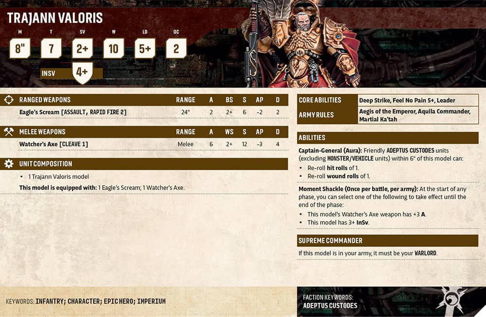 Trajann Valoris datasheet card from the new Codex: Adeptus Custodes