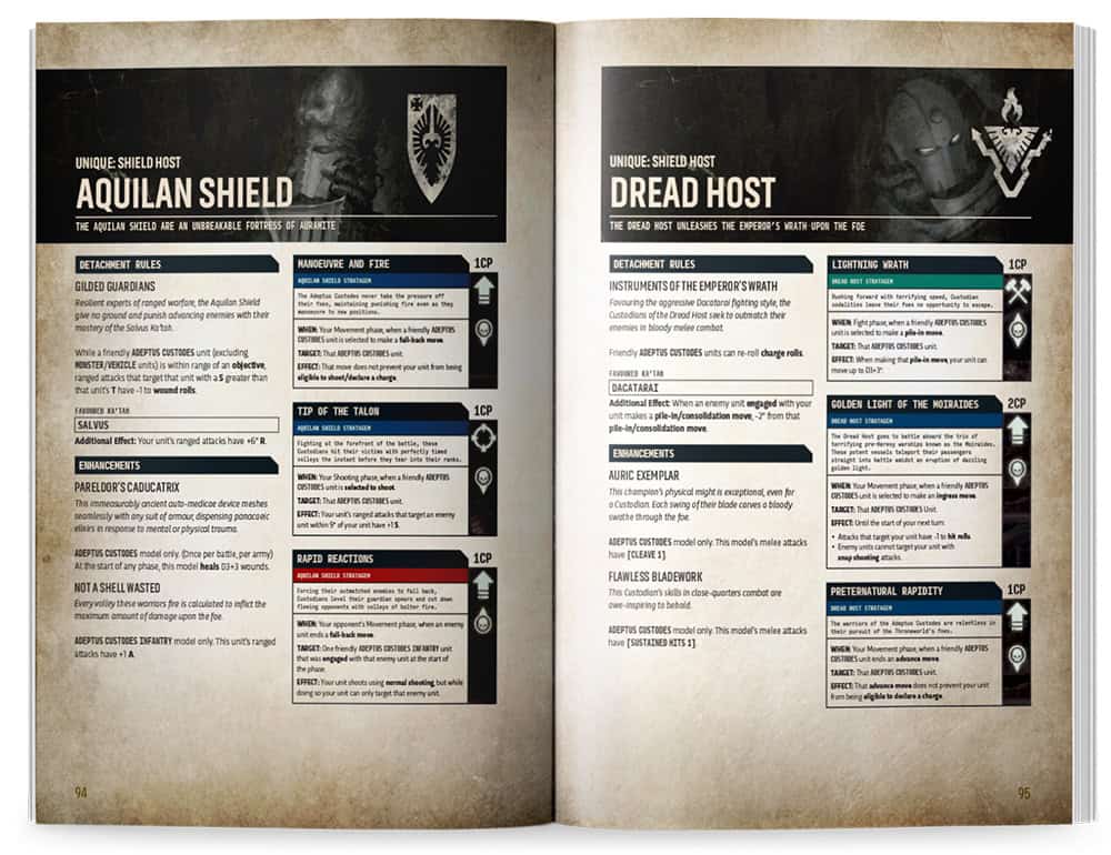 Custodes detachments Codex spread showing the Aquilan Shield and Dread Host rules