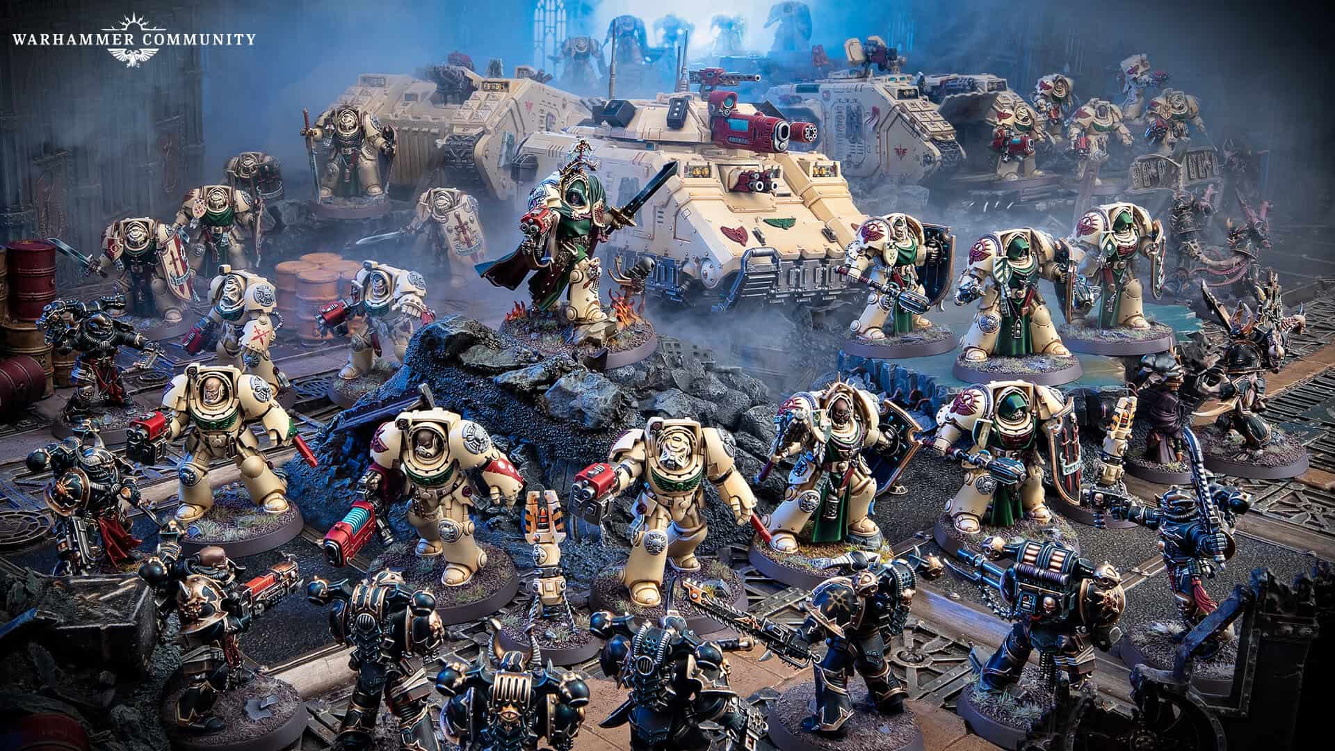 Dark green armoured Dark Angels Space Marines advancing through battlefield terrain