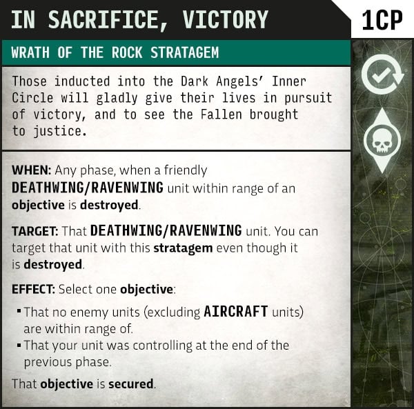 Rules card for the In Sacrifice Victory stratagem, letting a Deathwing or Ravenwing unit hold an objective as it dies