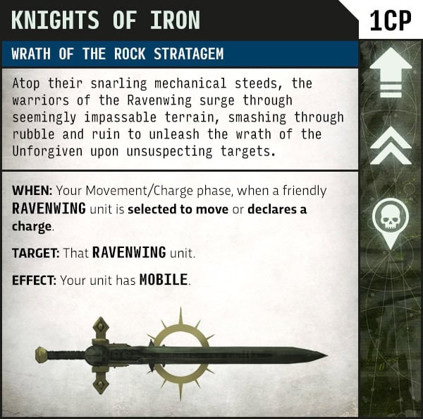 Rules card for the Knights of Iron stratagem, granting Ravenwing units the Mobile keyword to move through terrain