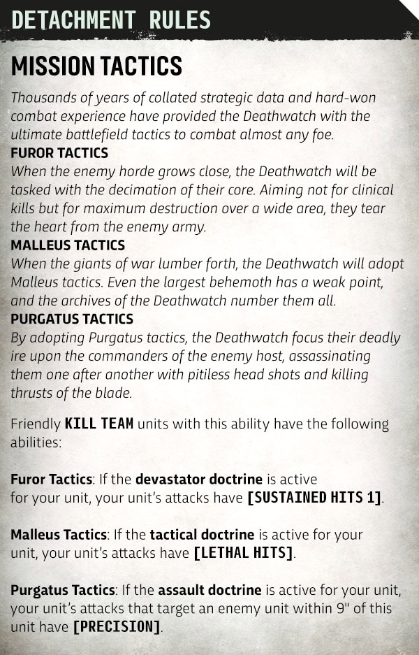 Deathwatch Mission Tactics rules card from the Black Spear Task Force detachment