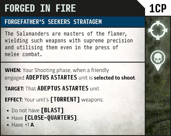 Forged in Fire stratagem card allowing Salamanders flamers to fire while engaged in combat