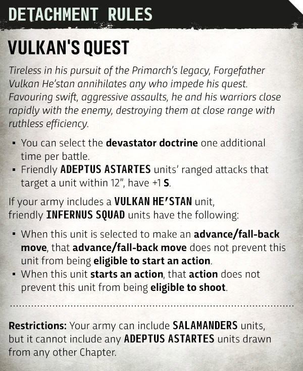 Rules card for the Forgefather's Seekers detachment showing the extra Devastator doctrine use and Vulkan He'stan's effect on Infernus Squads