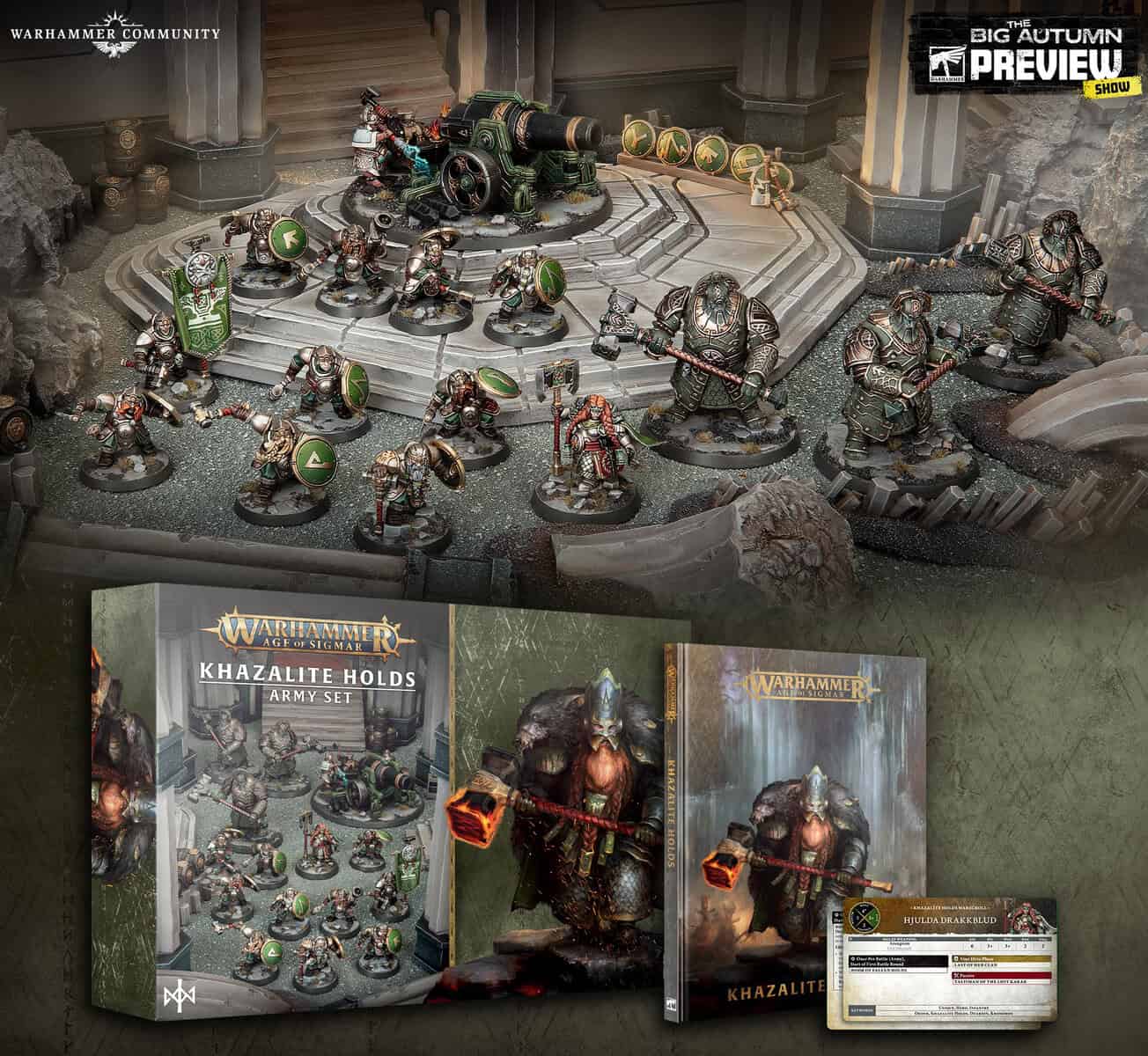 Boxed Khazalite Holds Army Set showing duardin miniatures and a battletome