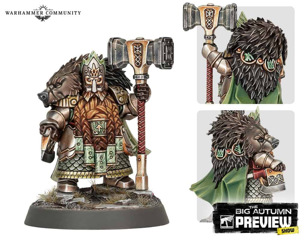 Khazalite Holds Thrynn, a duardin lord in ornate runic armour