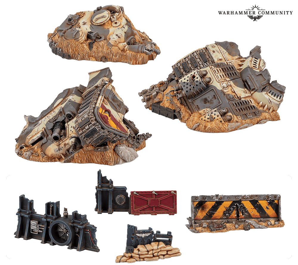 Wrecked Rogal Dorn Battle Tank terrain marking the new Steel Legion debut
