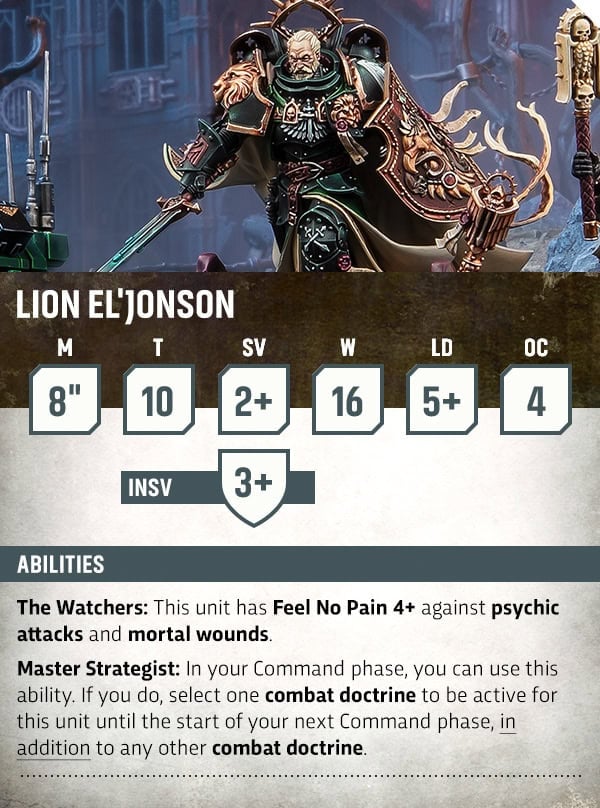 Updated datasheet for Lion El Jonson showing Toughness 10 and 16 Wounds alongside his Watchers and Master Strategist abilities