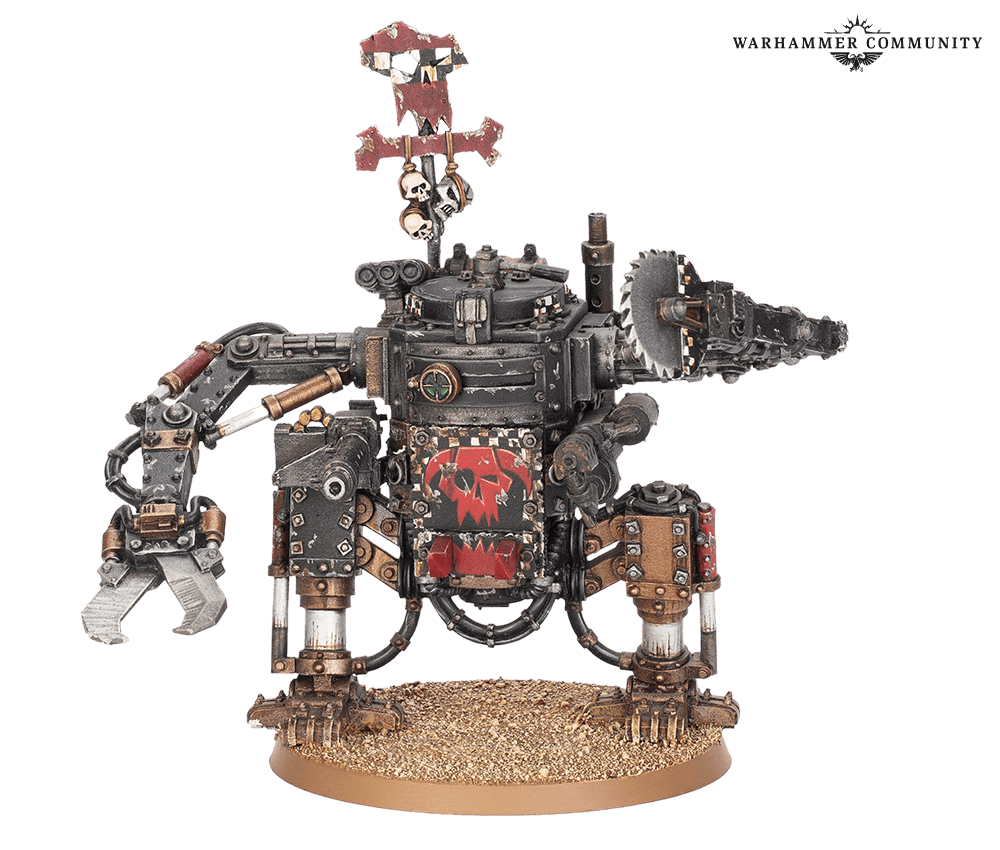 Classic metal Ork Deff Dread walker with saw arms and a red banner