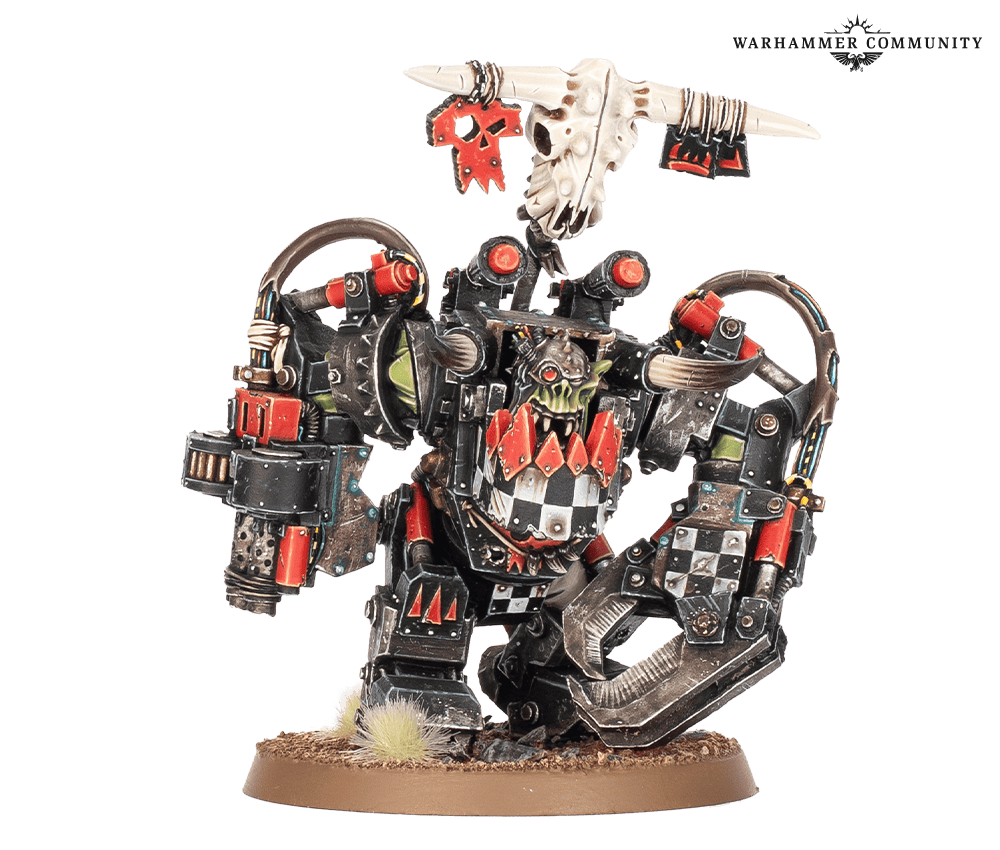 Classic metal Ghazghkull Thraka in Ork mega armour with a power klaw and a skull standard