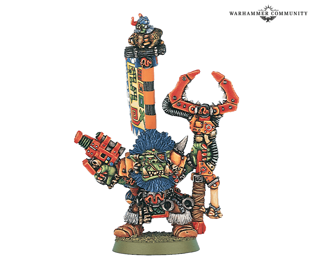 Classic metal Zodgrod Wortsnagga Ork grot herder with a blue beard, grabba stick and painted totem banner
