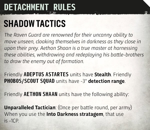 Rules card for the Shadowmark Talon detachment granting Stealth to every Adeptus Astartes unit and reducing Phobos and Scout detection range