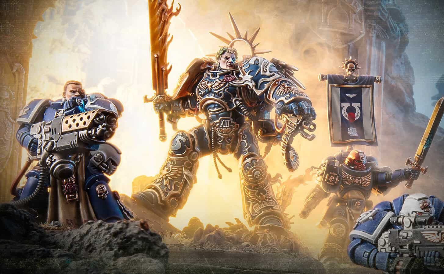 Space Marines in power armour firing bolt weapons, the feature image for the Codex Space Marines datasheet reveal