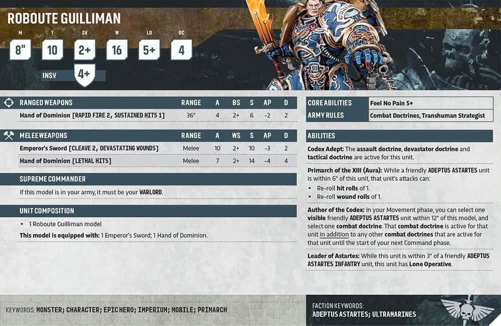 Roboute Guilliman datasheet card listing his statline, weapons, and always-on Combat Doctrines abilities