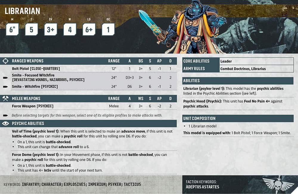Space Marine Librarian datasheet card showing psyker level and the Veil of Time and Force Dome psychic powers