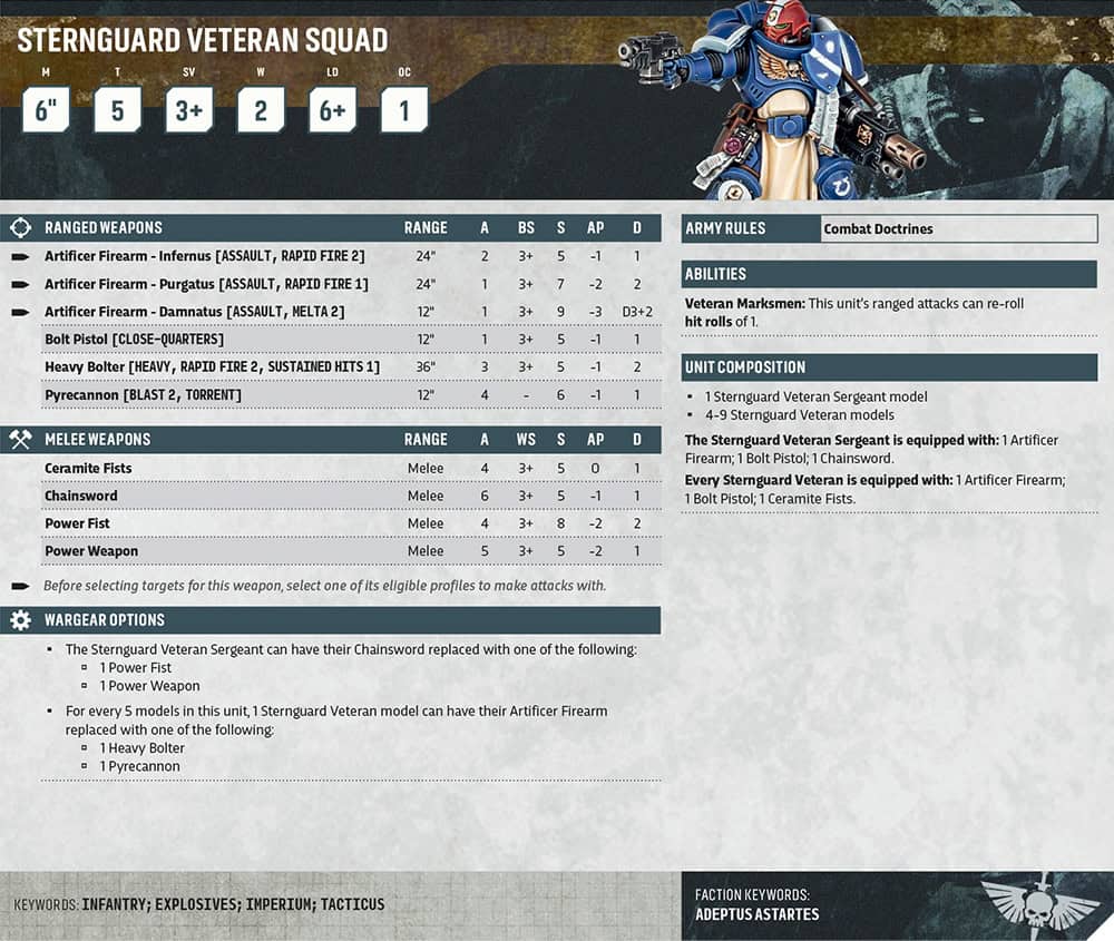 Sternguard Veterans datasheet card showing the artificer firearms weapon profiles including Damnatus and Infernus