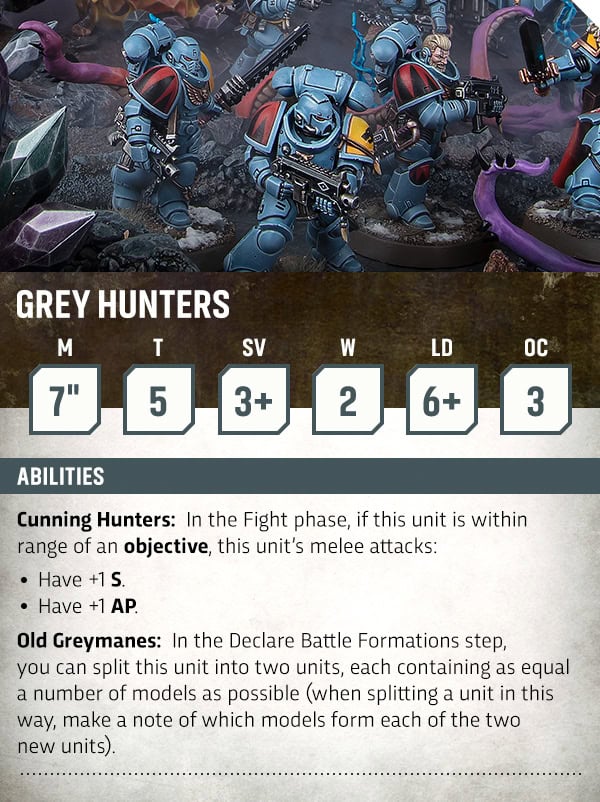 Grey Hunters rules card from the Space Wolves detachment update