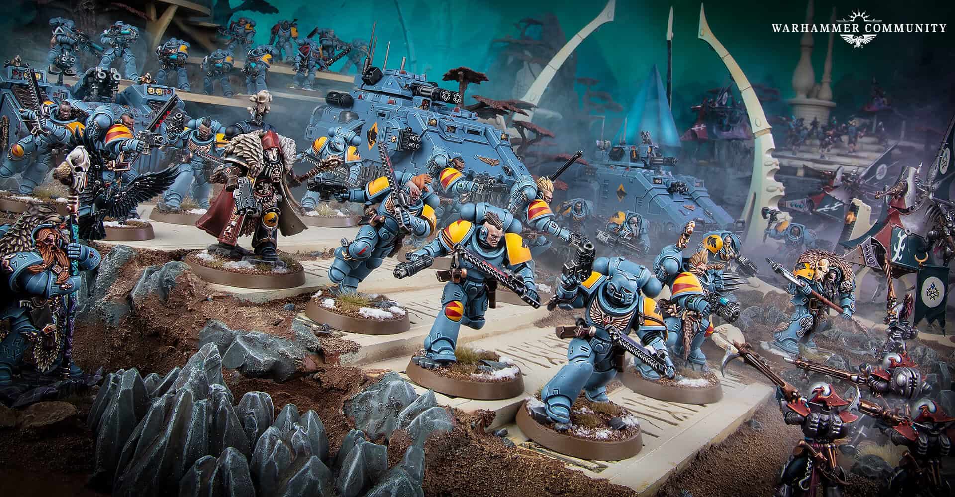 Space Wolves miniatures advancing across battlefield terrain