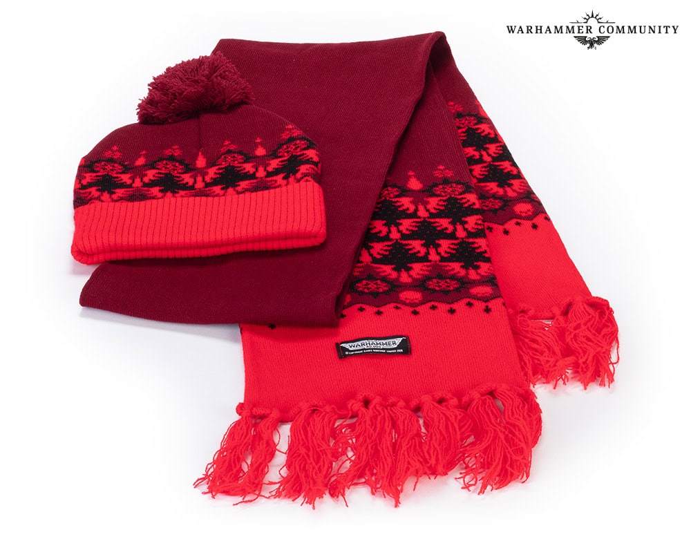 Blood Angels themed knitted hat and scarf set