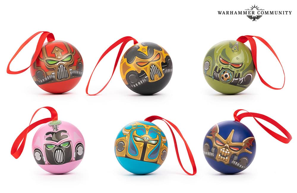Warhammer Christmas tree baubles decorated with faction iconography