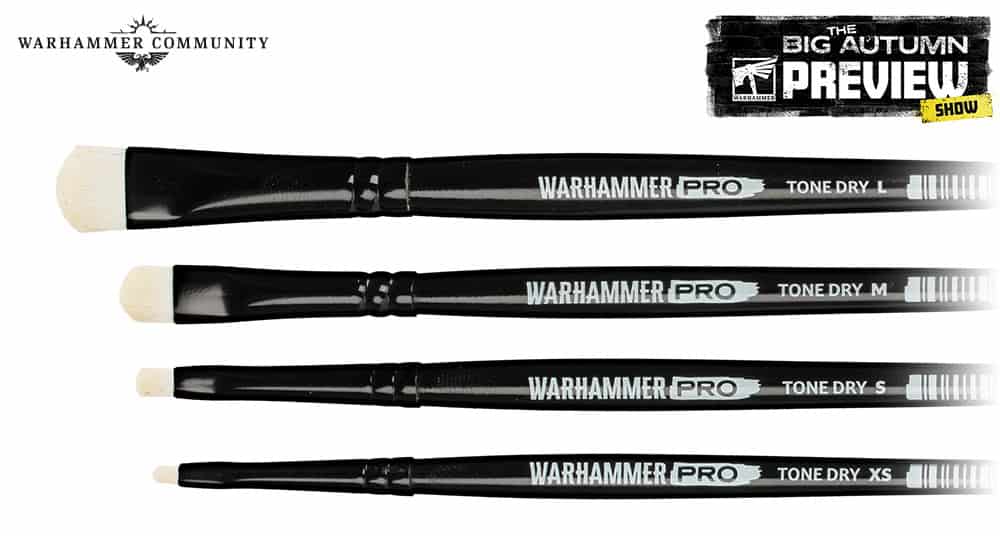 Four new Warhammer dry brushes in sizes extra small through large laid side by side