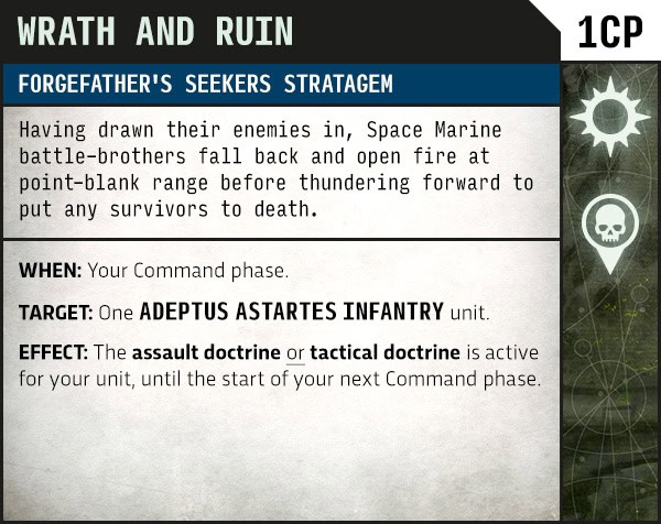 Wrath and Ruin stratagem card activating an alternative Combat Doctrine so units can fall back and then shoot