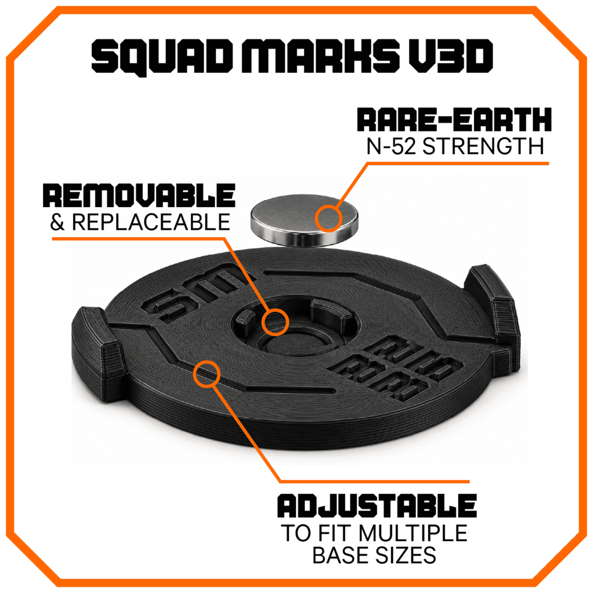 Squad Marks V3D feature callouts showing the inside magnet