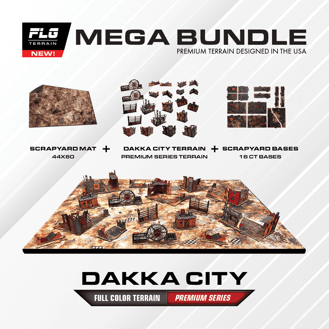 FLG Dakka City MEGA Terrain Bundle with Premium Series terrain, Scrapyard mat and bases