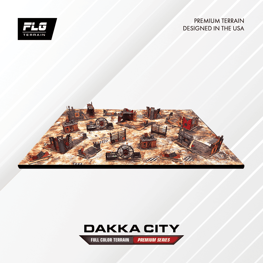 FLG Dakka City Premium Series full color MDF Ork terrain set on a battlefield
