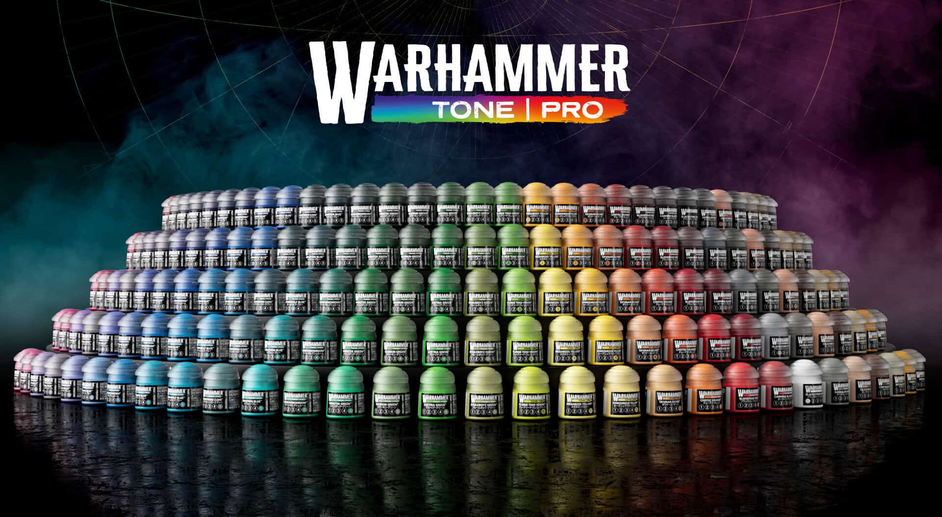 Warhammer Tone Pro paint range bottles lined up by colour family